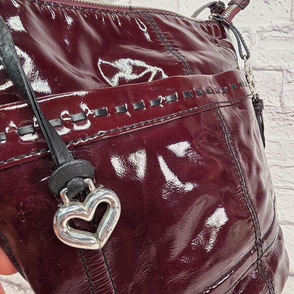 Brighton Women Tassel Shoulder Handbag Burgundy Black Cherry Patent Leather Zip - Picture 3 of 13